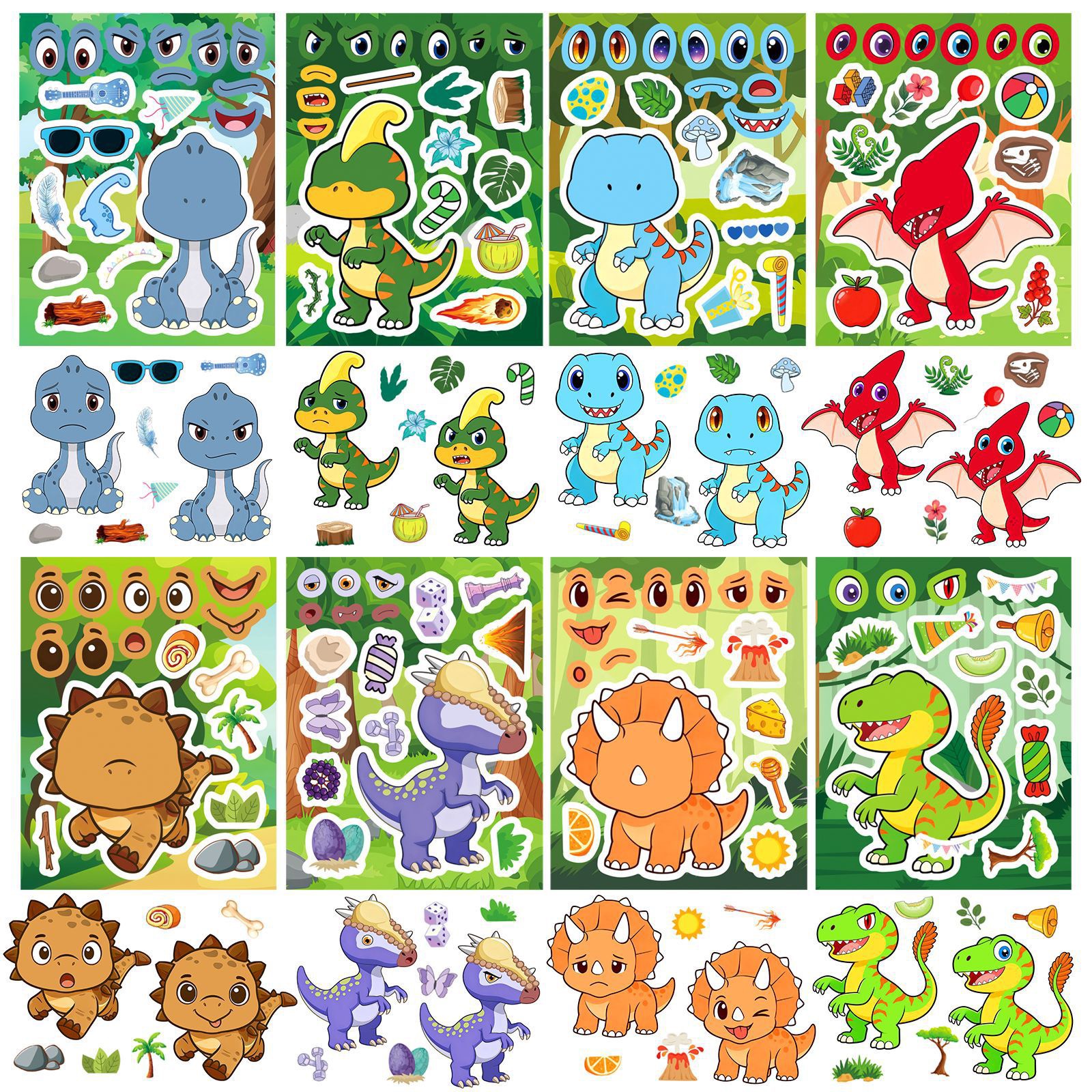 Model Kit Dinosaur - 8/16Sheets DIY Make-a-Face Dinosaur Puzzle Stickers